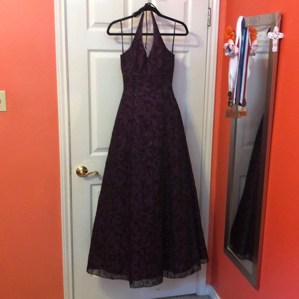 Purple and black full length beaded gown